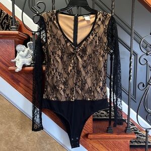 VENUS Black Lace With Nude Undertone V-Neck Bodysuit Long Sheer Lace Sleeves